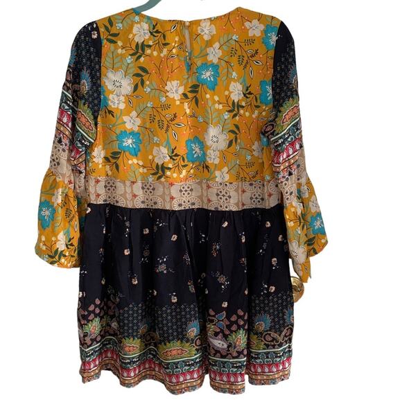 Umgee Navy Gold Mixed Print Boho Peasant Dress Small - Picture 5 of 7